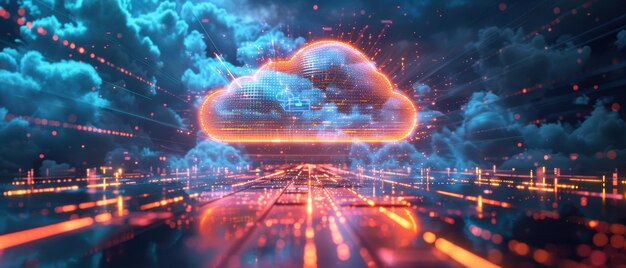 Futuristic 3D Holographic Cloud Computing Network with Glowing Data Pathways