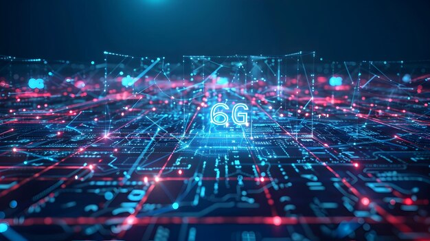 Futuristic 6G Network Map with Interconnected Nodes and HighSpeed Data Transmission