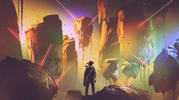 futuristic adventurer looking at the laser trap in floating rocks, digital art style, illustration painting