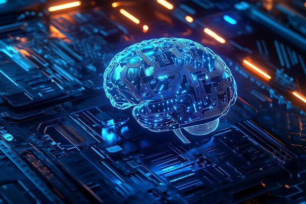 Futuristic artificial intelligence concept with a glowing digital brain on a computer chip showcasing advanced neural network and machine learning technology in a hightech environment
