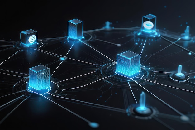 Futuristic blockchain network with glowing digital nodes representing secure data connections