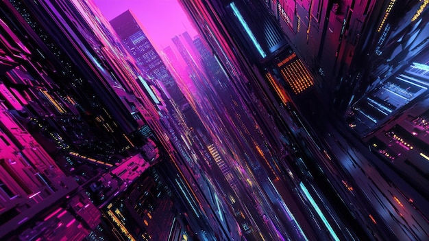 Futuristic city skyline with vibrant neon lights and towering structures