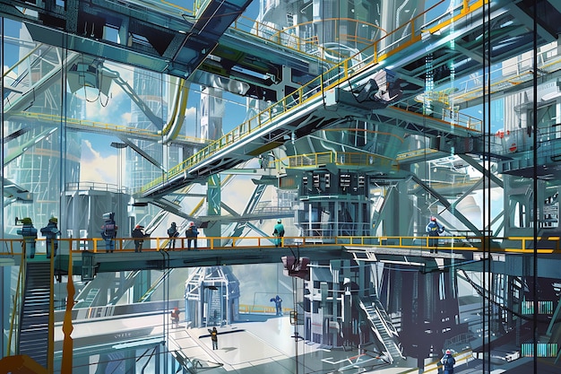 futuristic cityscape construction workers on a steel scaffolding