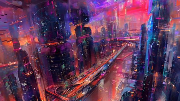 Futuristic cityscape with neon lights and towering skyscrapers Scifi urban metropolis featuring advanced architecture and vibrant colors