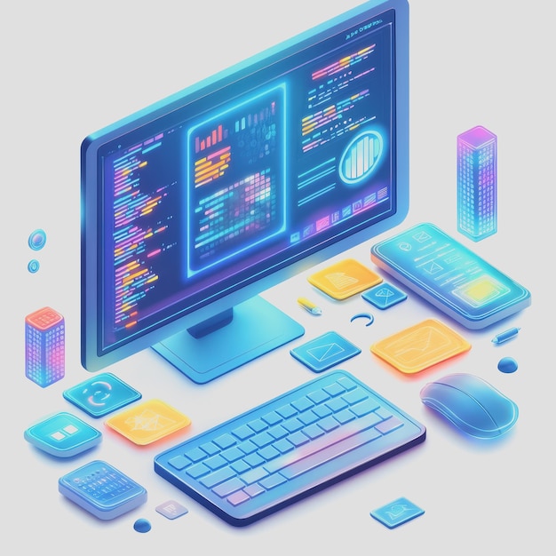 Futuristic Computer Screen with Colorful Coding Graphics and Digital Interface Elements in a Modern Workspace Environment