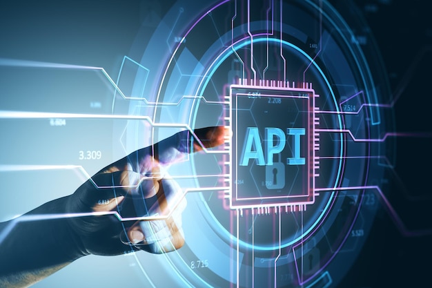 Futuristic digital API interface with a glowing circuit and a hand interacting with it on a blue background
