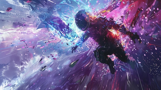 futuristic digital art of an astronaut floating through a vibrant colorful space scene filled with light and abstract shapes