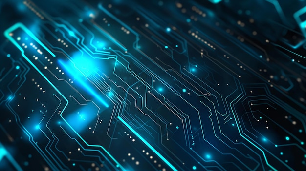 Futuristic Digital Circuit Board with Glowing Neon Blue Lines