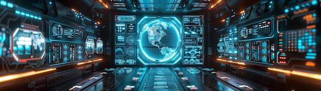 Futuristic digital control room with holographic displays and advanced technology depicting a highte