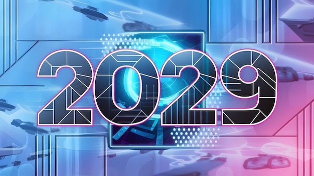 futuristic digital graphic design for 2029 featuring sleek metallic text in a bold font