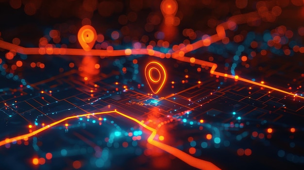 futuristic digital map interface with glowing location markers