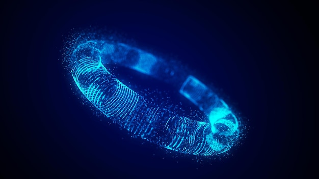 Futuristic dynamic wireframe torus on a blue background The flow of scientific data Futuristic digital technology 3D rendering