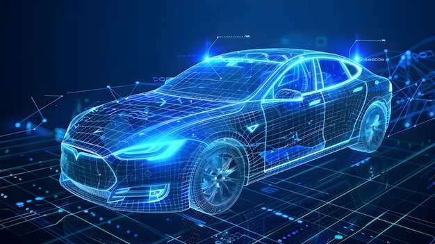 Futuristic Electric Vehicle Blueprint with Digitized Keys in Ethereal Style
