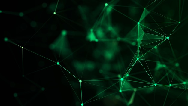 Futuristic geometric flow with connecting points and lines Abstract green digital background Global network concept Big data complex with compounds 3D rendering