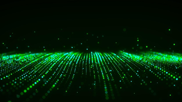 Futuristic glitter green wave Technology glow wave Flow of digital particles 3D rendering