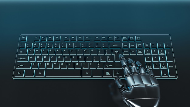 Futuristic grey cyborg hand pressing a key on a keyboard