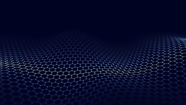 futuristic hexagon wave dark cyberspace abstract wave with dots and line white moving particles on background 3d rendering