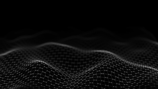 Futuristic hexagon wave Dark cyberspace Abstract wave with dots and line White moving particles on background 3d rendering