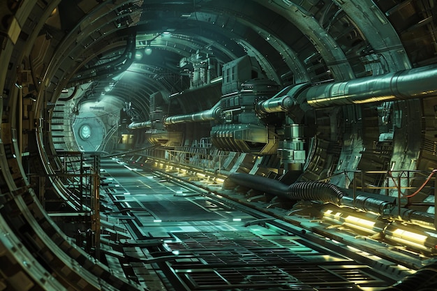 Futuristic industrial underground tunnel with glowing lights metallic walls and advanced technology creating a scifi ambiance