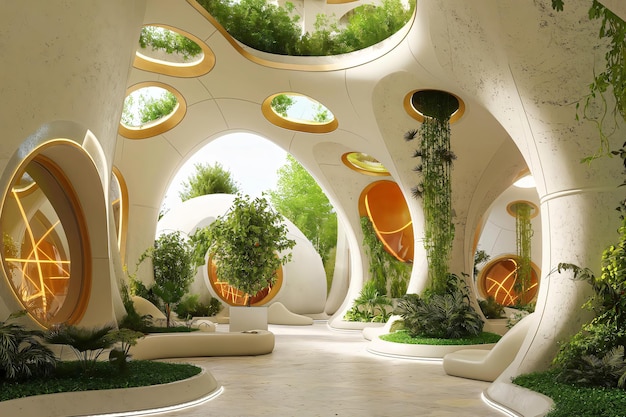 futuristic interior design integrating lush greenery with advanced technology creating a harmonious and sustainable living space