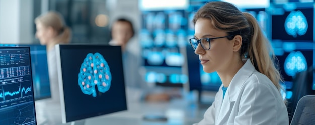 Futuristic Medical Researcher Analyzing Brain Wave Data on Multiple Screens