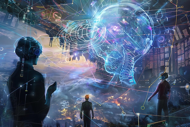 Futuristic Metaverse Landscape with People Exploring Virtual Reality