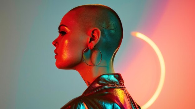 futuristic portrait of a woman with shaved head and neon lighting
