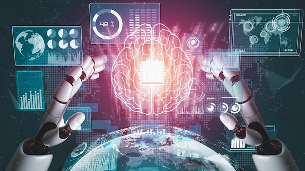 futuristic robot artificial intelligence revolutionary ai technology development and machine learning concept global robotic bionic science research for future of human life 3d rendering graphic