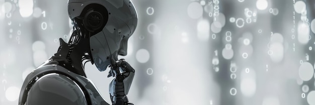 Futuristic robot in deep thought against a background of binary code Concept of artificial intelligence and advanced technology