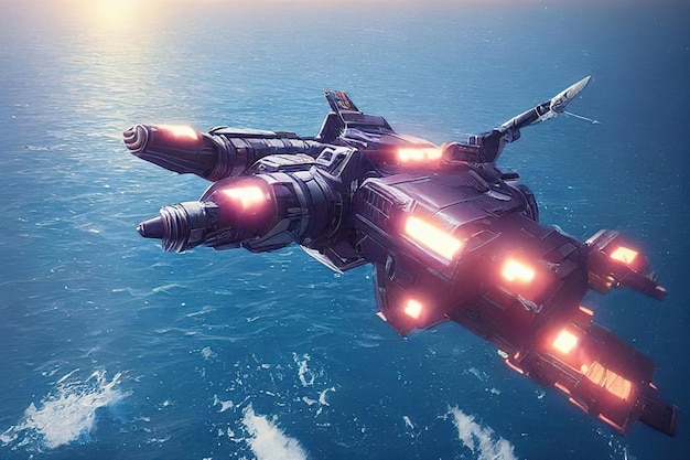 Futuristic scifi battle spaceship hover over an ocean of an alien planet digital painting