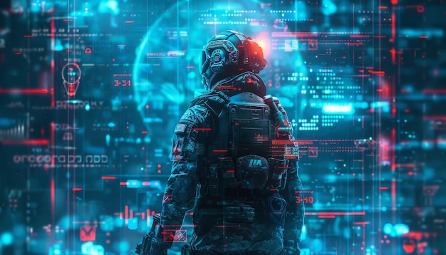 futuristic soldier standing in front of digital interface with a determined expression