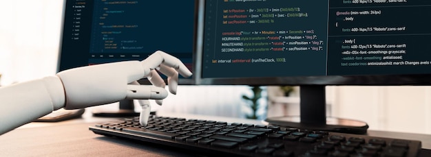 Futuristic technological advance of generative AI generating code for software development in automation concept Robotic hand writing code on computer Trailblazing