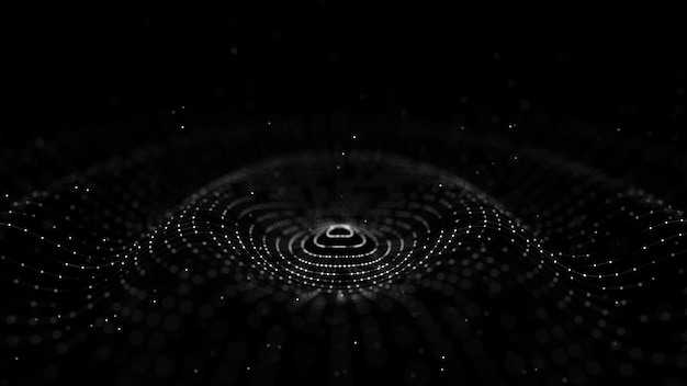 Futuristic wave Dark cyberspace Abstract music sound wave with dots White moving particles on a black background 3d rendering