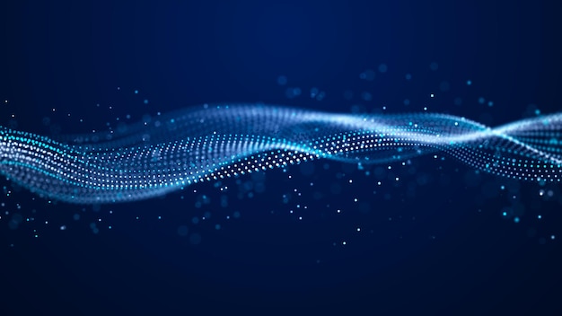 Futuristic wave of dots with moving particles Abstract technology background 3D visualization of big data 3D