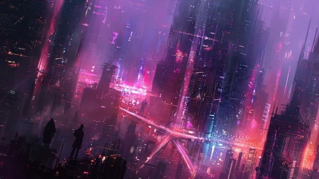 Futuristisk cyberpunk-bybillede om natten med neonlys og skyskrabere, der indfanger en levende og teknologisk avanceret, urban atmosfære