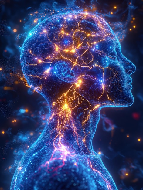 Futuristisk glødende neurale netværk, der opstår fra menneskehoved og -krop