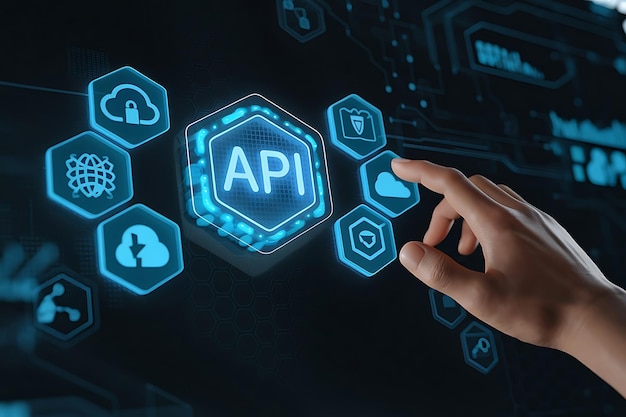 Futuristisk hånd interagerer med glødende API Interface-sekskantede ikoner