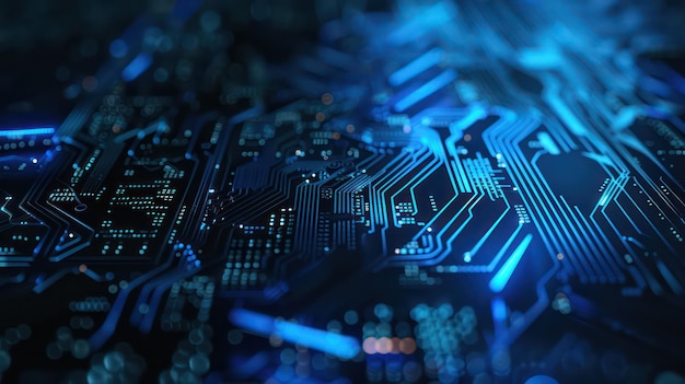 Futuristisk mikrochip CPU printplade med blåt lys teknologi