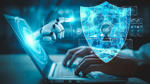 Futuristisk robot, artificiell intelligens som belyser AI-teknikkonceptet