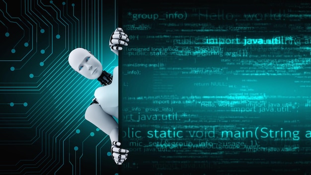 Futuristisk robot, kunstig intelligens, menneskelignende AI-programmeringskodning