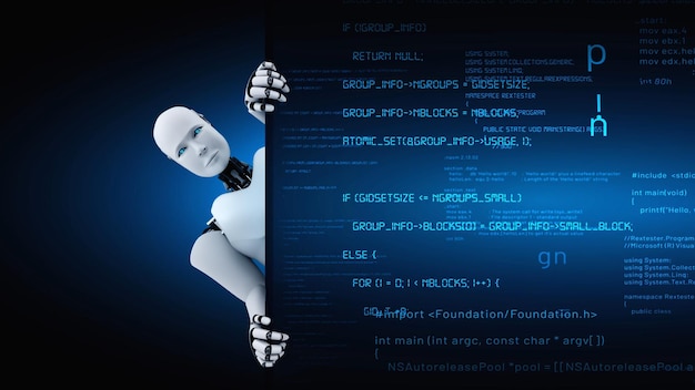 Futuristisk robot, kunstig intelligens, menneskelignende AI-programmeringskodning