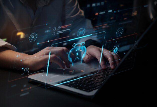 Generative AI Answer Businessman using AI to generate something Customer support laptop assistant