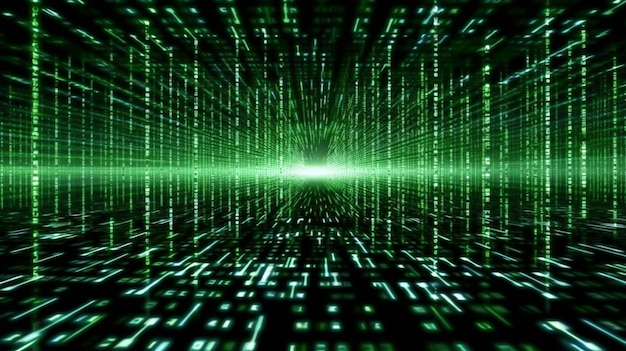 Generative AI uses vector digits from virtual security technology and data from a digital stream or binary code on a matrix background