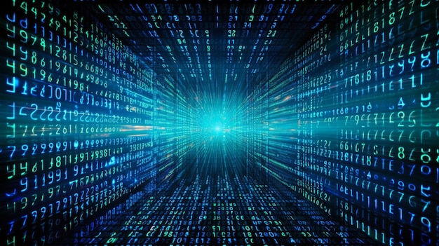 Generative AI uses vector digits from virtual security technology and data from a digital stream or binary code on a matrix background
