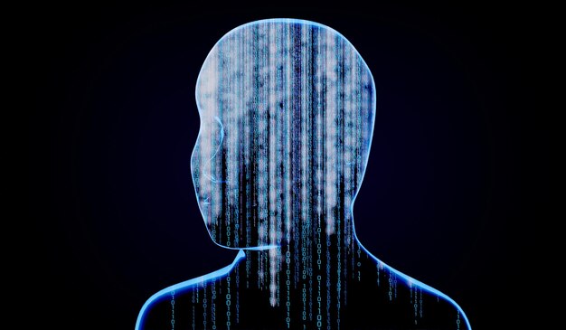 Geometrical man face with binary code 3D illustration