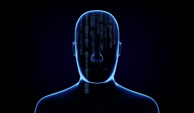 Geometrical man face with binary code 3D illustration