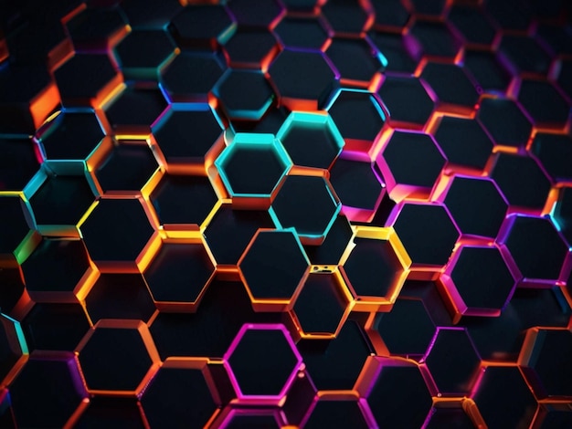 Geometrisk bakgrund med hexagoner, färgstarkt glödande neon