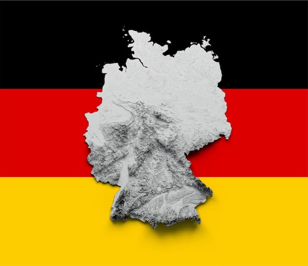 Germany Map white Shaded relief Color Height map on Flag Background 3d illustration