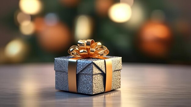 Gift box on table with bokeh background 3d rendering