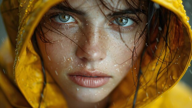 girl wearing yellow hooded coat high quality